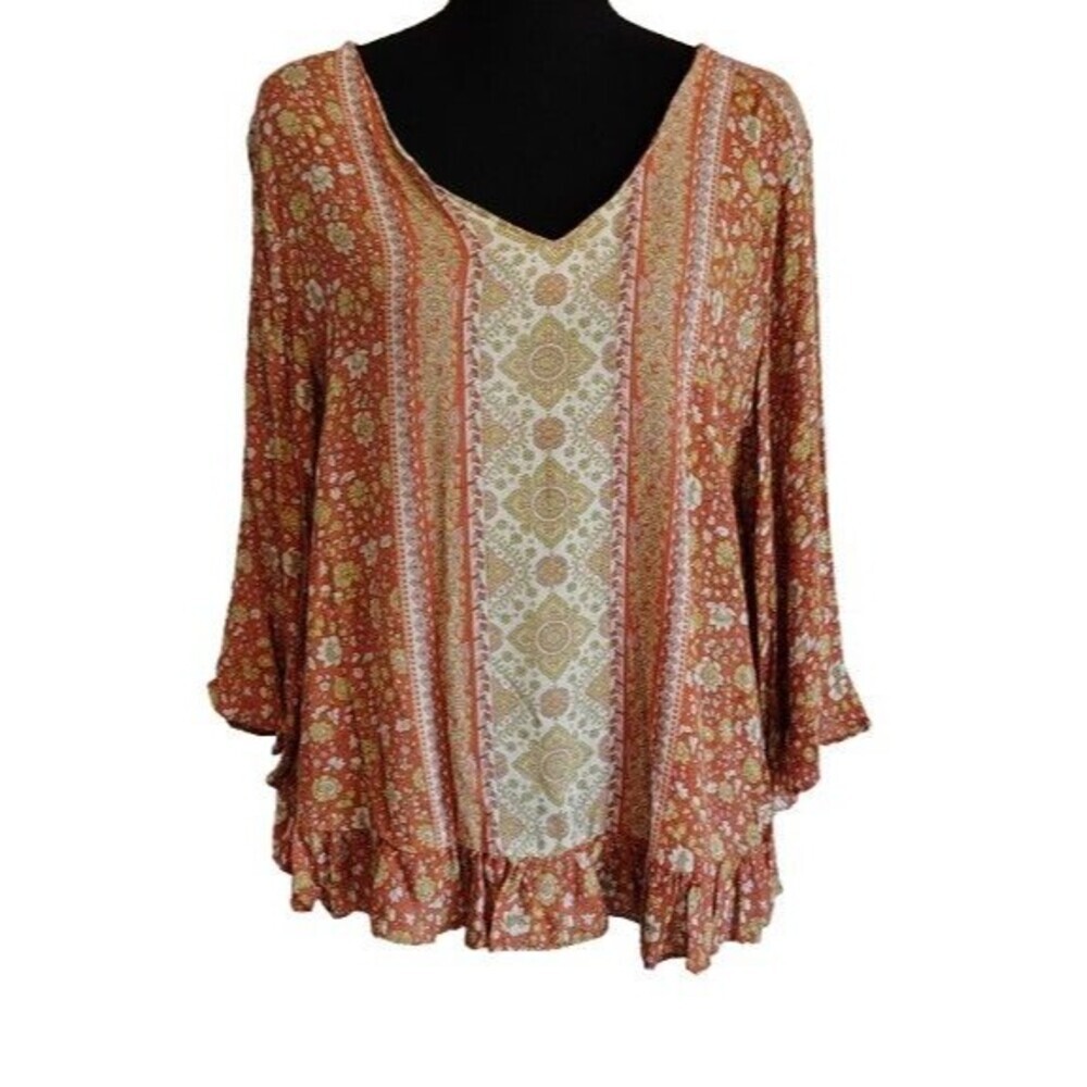 Rose & Thyme Top Sz L Terracotta Orange Floral Tile Boho Ruffle Hem V-Neck